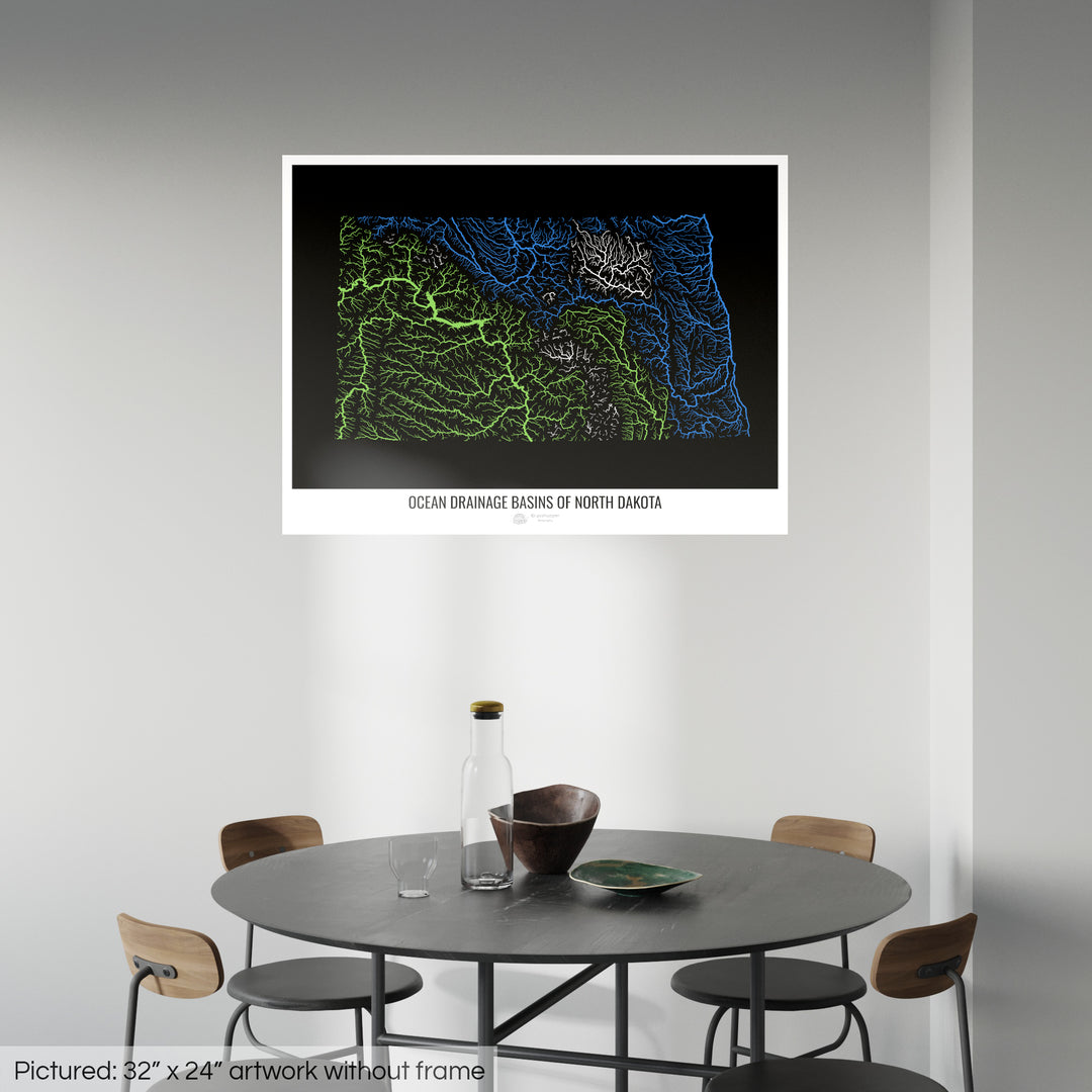 North Dakota - Ocean drainage basin map, black v1 - Fine Art Print