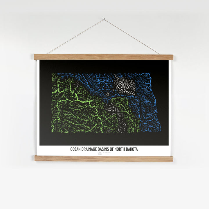 Dakota del Norte - Mapa de la cuenca de drenaje oceánico, negro v1 - Impresión artística con percha