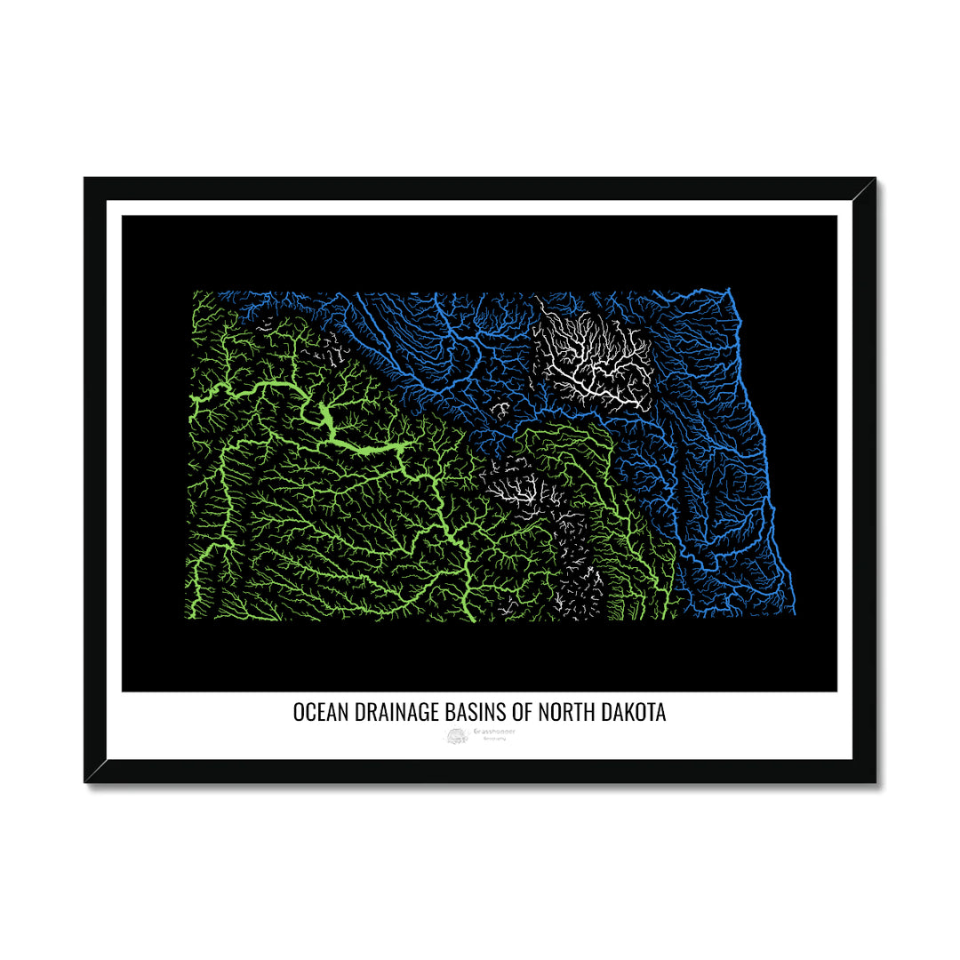 Dakota del Norte - Mapa de la cuenca de drenaje oceánico, negro v1 - Lámina enmarcada