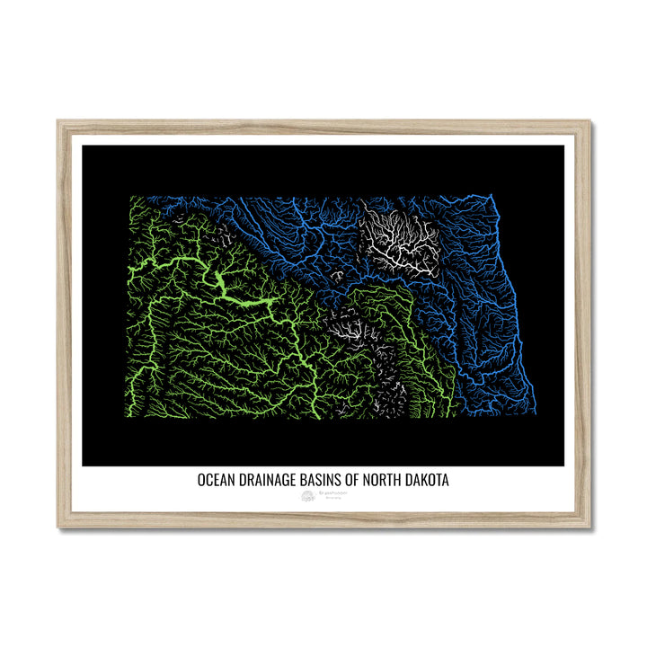 Dakota du Nord - Carte du bassin versant océanique, noir v1 - Impression encadrée