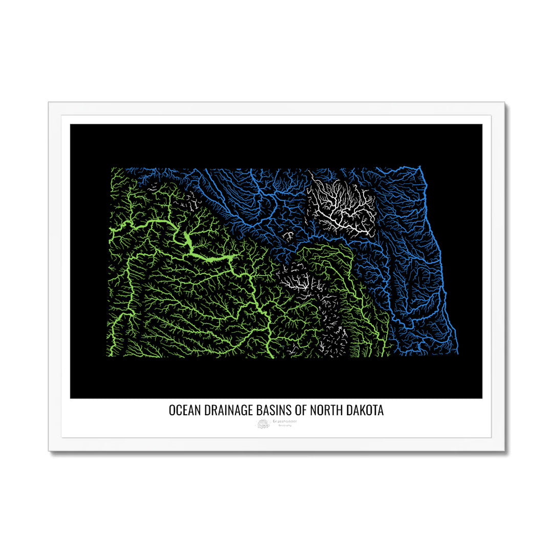 Dakota del Norte - Mapa de la cuenca de drenaje oceánico, negro v1 - Lámina enmarcada