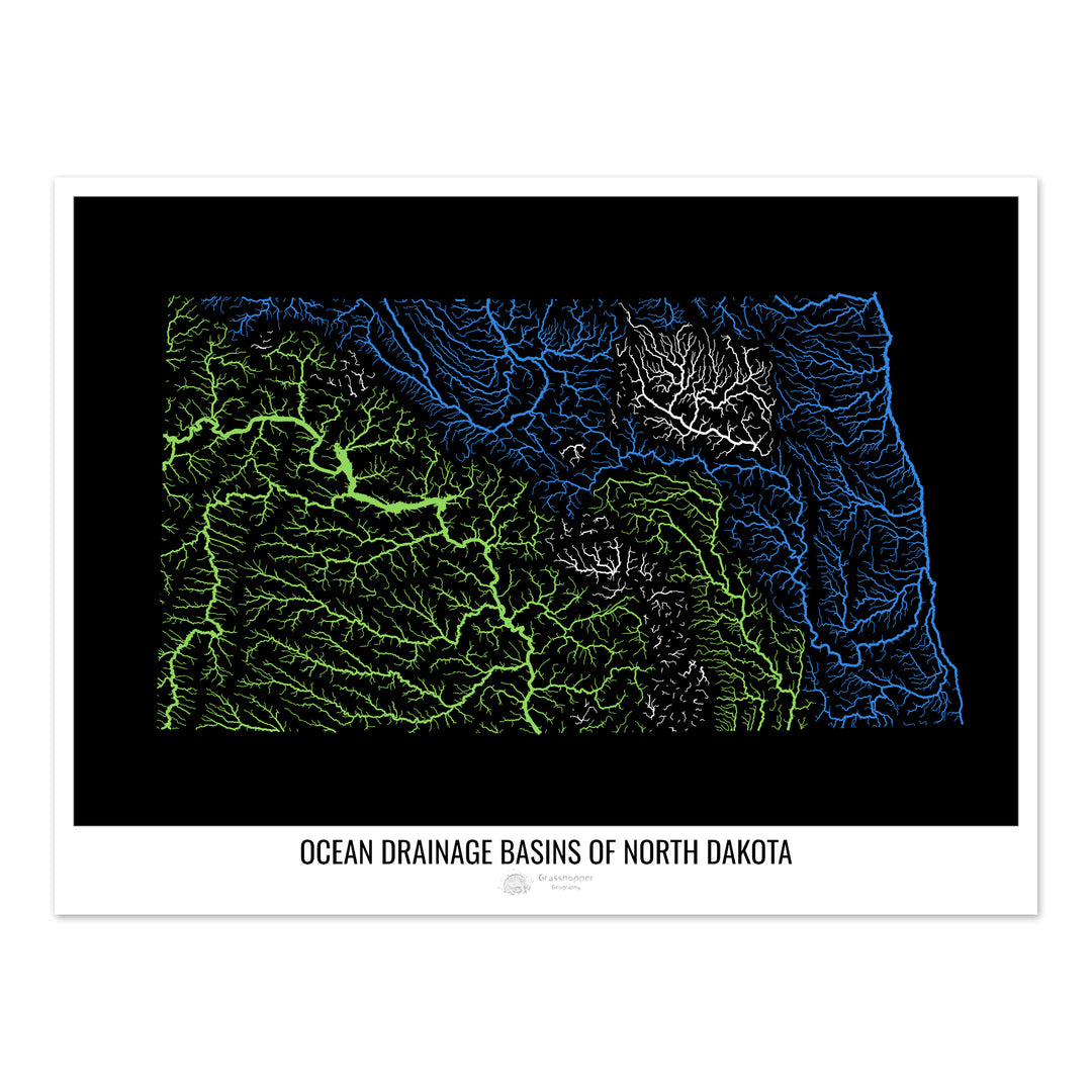 Dakota du Nord - Carte du bassin versant océanique, noir v1 - Impression d'art photo