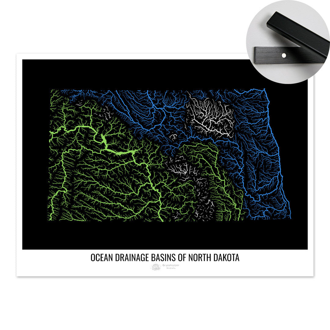 North Dakota - Ocean drainage basin map, black v1 - Fine Art Print with Hanger