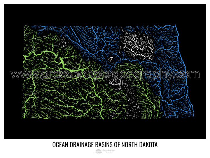 Dakota del Norte - Mapa de la cuenca de drenaje oceánico, negro v1 - Impresión fotográfica