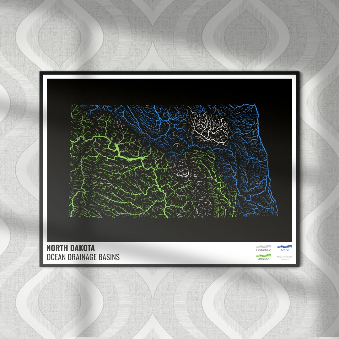 North Dakota - Ocean drainage basin map, black with legend v1 - Photo Art Print