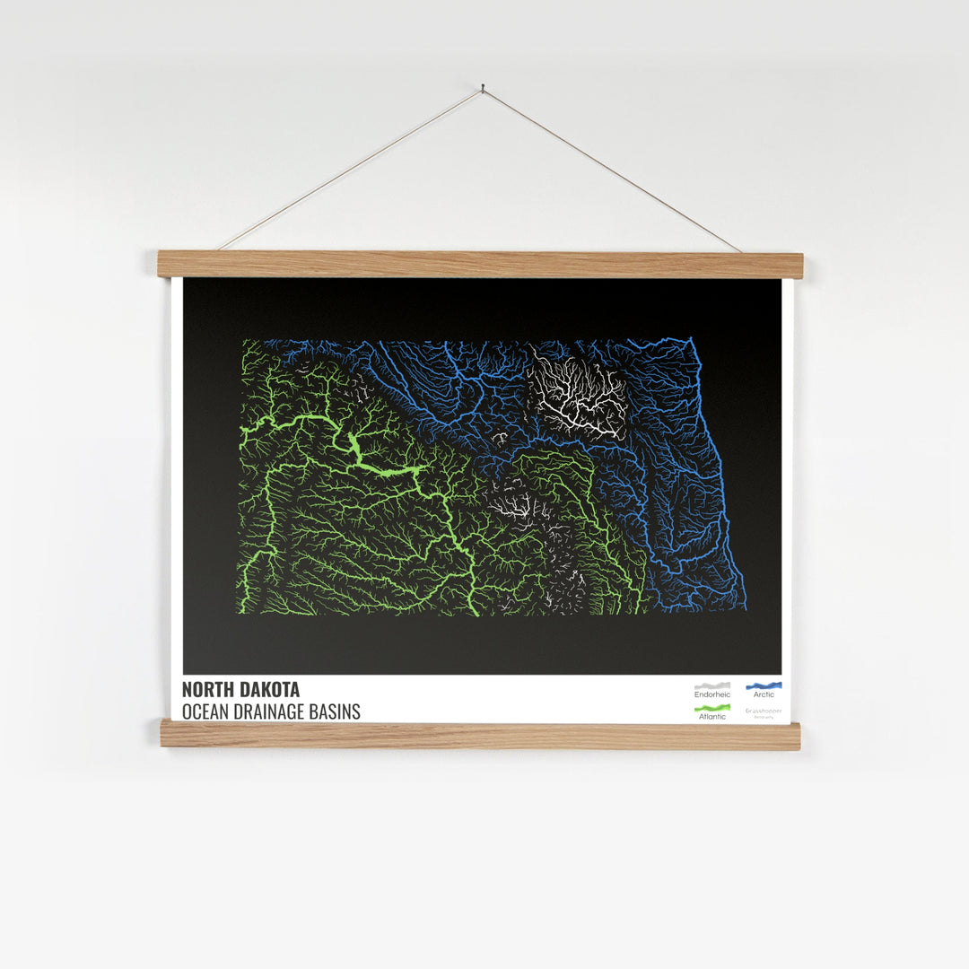 Dakota del Norte - Mapa de la cuenca de drenaje oceánico, negro con leyenda v1 - Impresión artística con percha