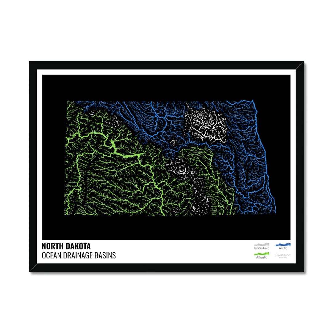 North Dakota - Ocean drainage basin map, black with legend v1 - Framed Print