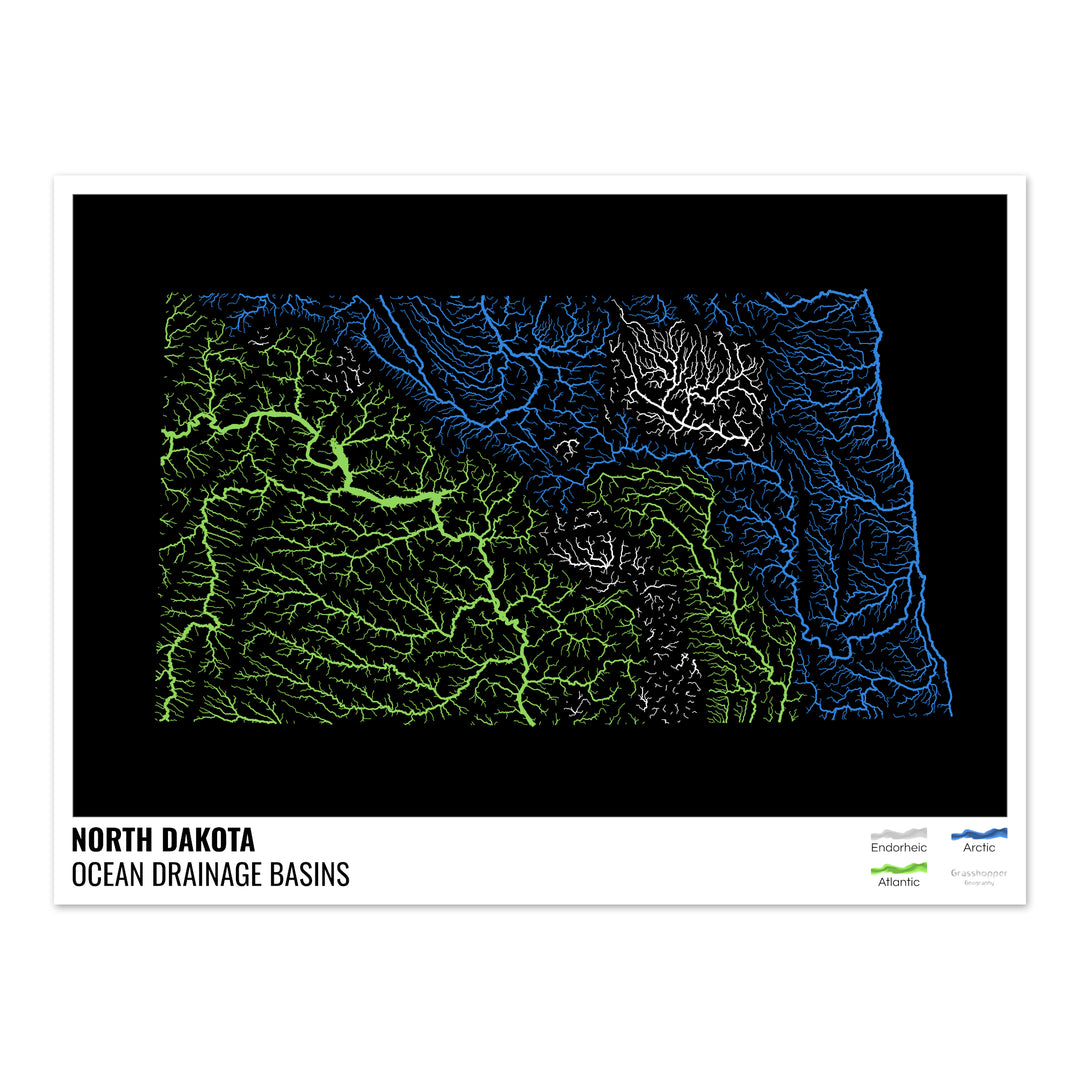 Dakota du Nord - Carte du bassin versant océanique, noire avec légende v1 - Fine Art Print
