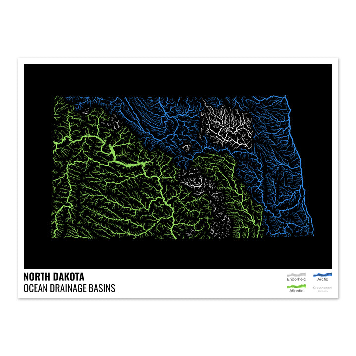 Dakota del Norte - Mapa de la cuenca de drenaje oceánico, negro con leyenda v1 - Impresión fotográfica