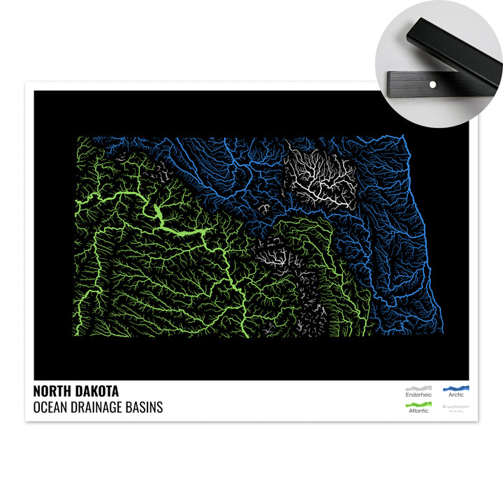 Dakota del Norte - Mapa de la cuenca de drenaje oceánico, negro con leyenda v1 - Impresión artística con percha