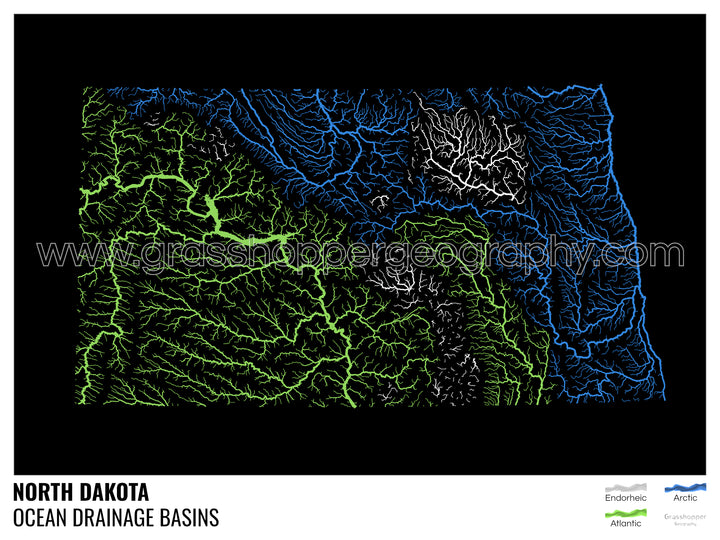 Dakota del Norte - Mapa de la cuenca de drenaje oceánico, negro con leyenda v1 - Impresión de bellas artes
