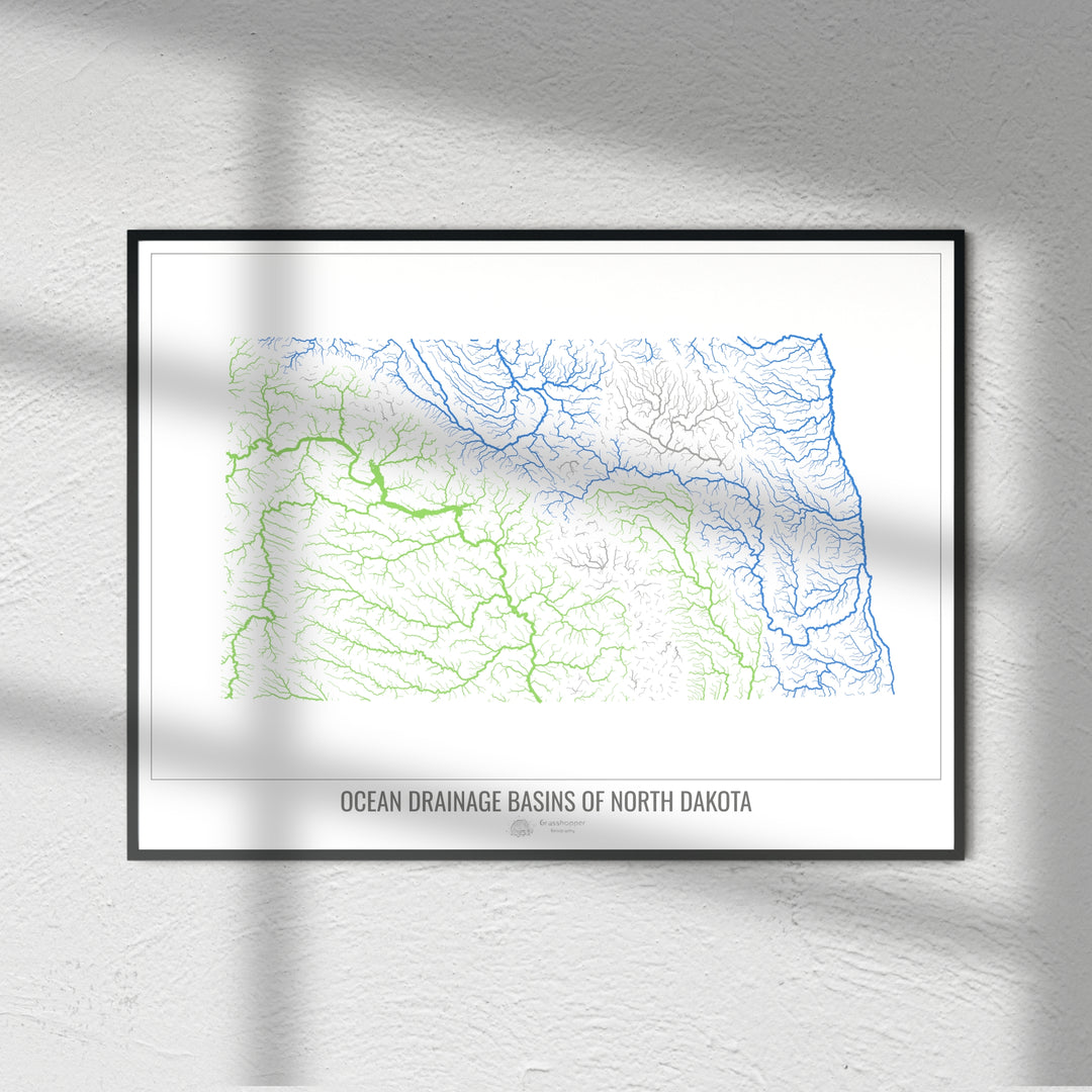 North Dakota - Ocean drainage basin map, white v1 - Fine Art Print