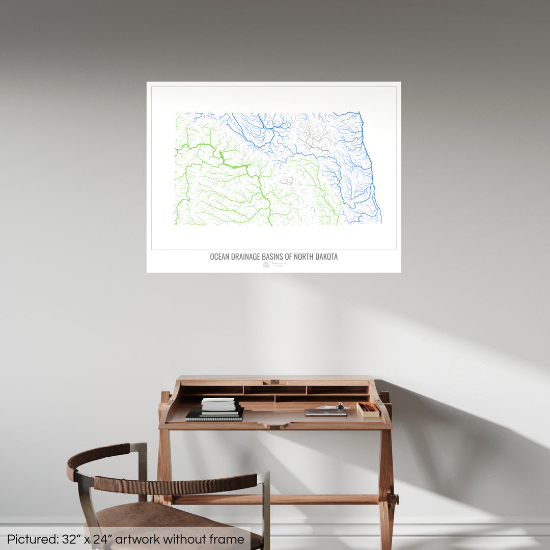 North Dakota - Ocean drainage basin map, white v1 - Fine Art Print