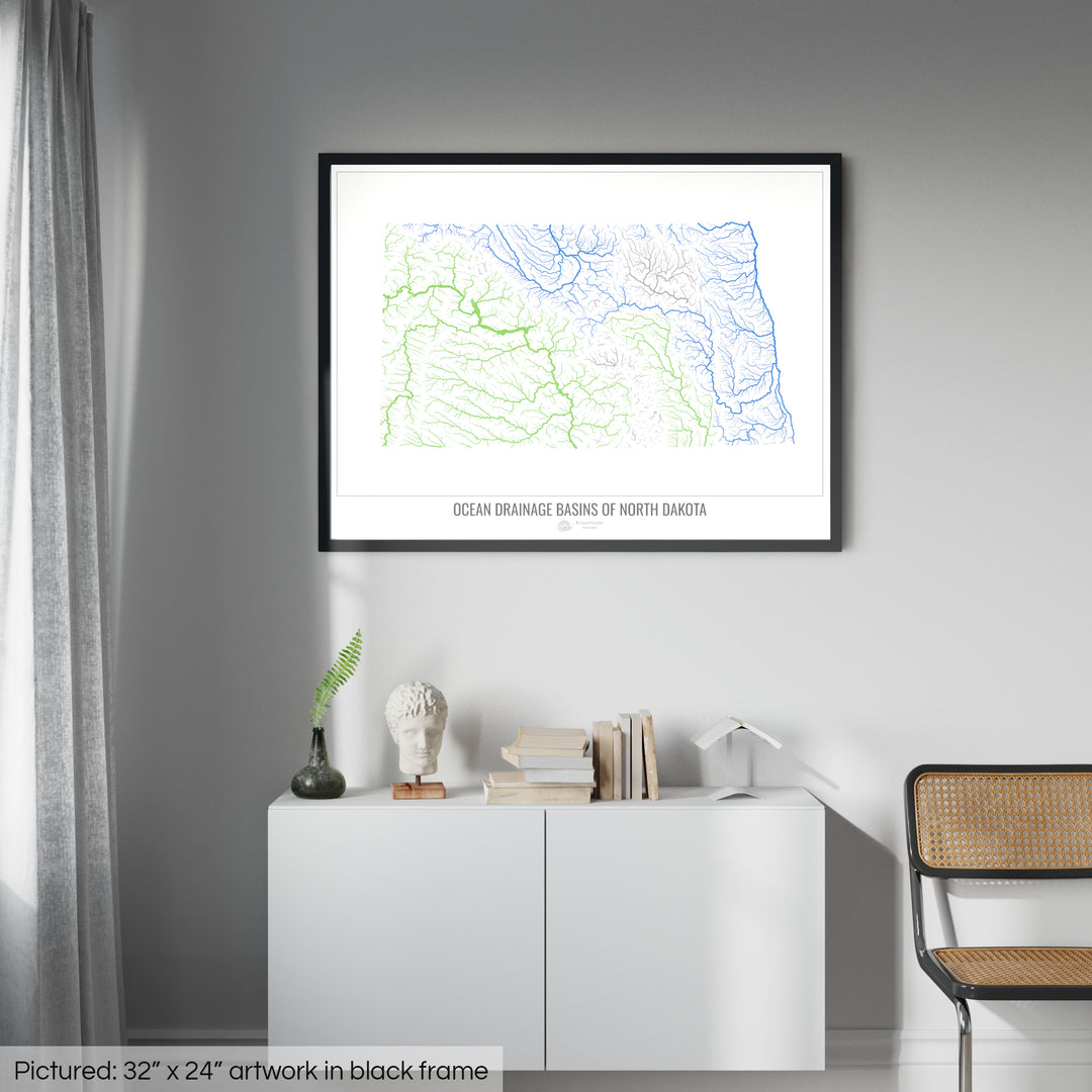 North Dakota - Ocean drainage basin map, white v1 - Framed Print