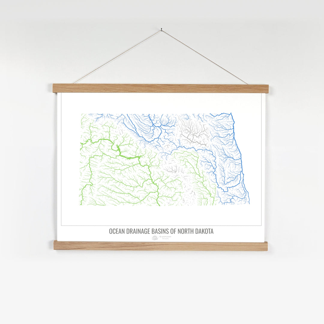 North Dakota - Ocean drainage basin map, white v1 - Fine Art Print with Hanger