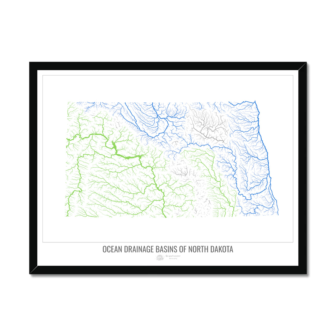 Dakota du Nord - Carte du bassin versant océanique, blanc v1 - Impression encadrée
