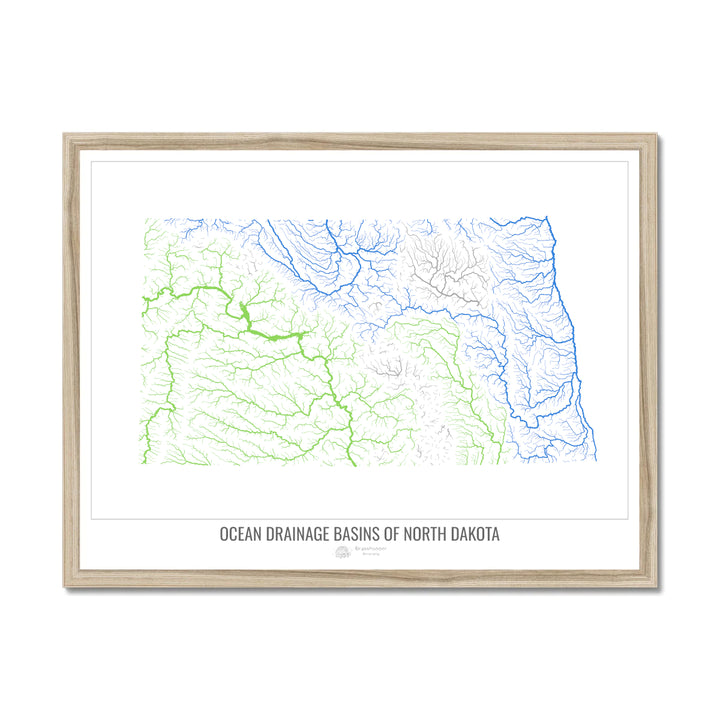 Dakota du Nord - Carte du bassin versant océanique, blanc v1 - Impression encadrée