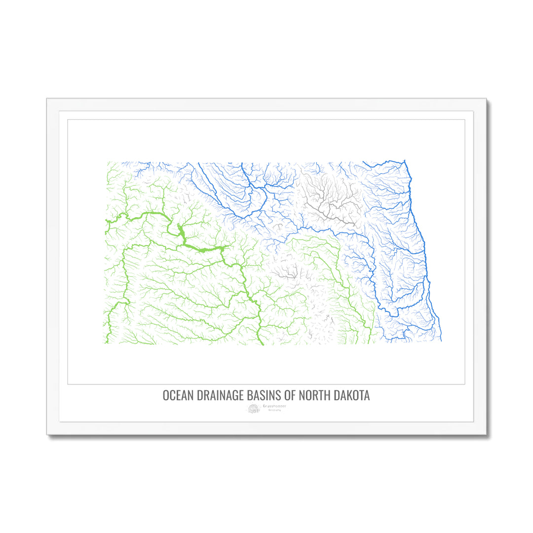 North Dakota - Ocean drainage basin map, white v1 - Framed Print