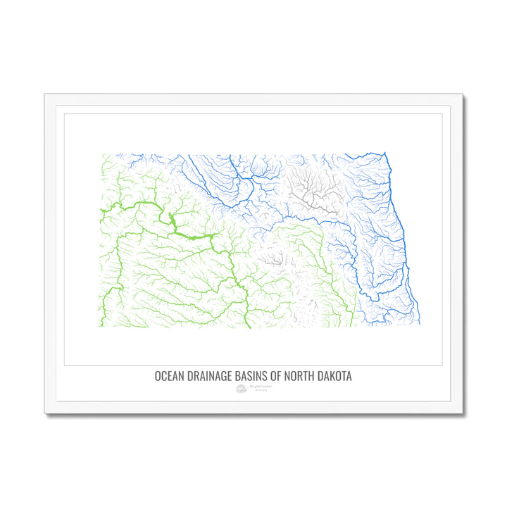Dakota del Norte - Mapa de la cuenca de drenaje oceánico, blanco v1 - Lámina enmarcada