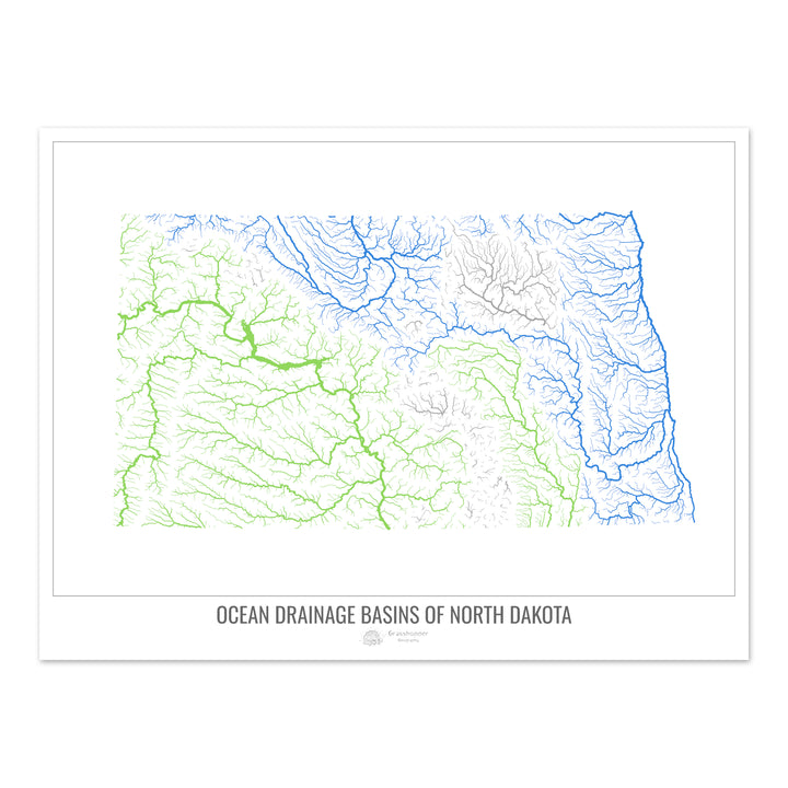 Dakota du Nord - Carte du bassin versant océanique, blanc v1 - Fine Art Print