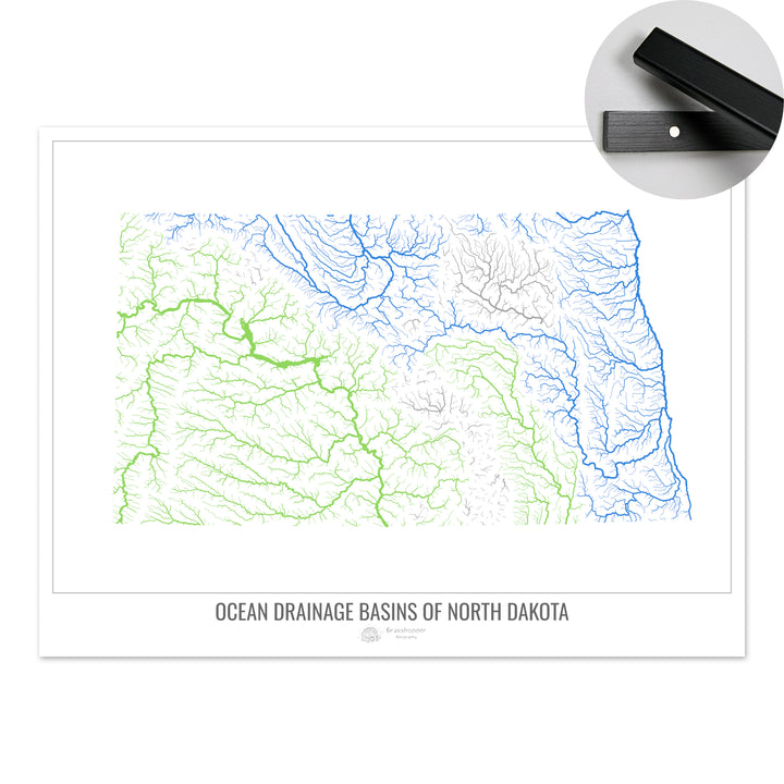 Dakota du Nord - Carte du bassin versant océanique, blanc v1 - Tirage d'art avec cintre