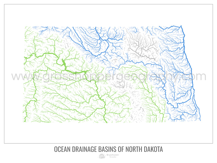 Dakota du Nord - Carte du bassin versant océanique, blanc v1 - Impression photo artistique