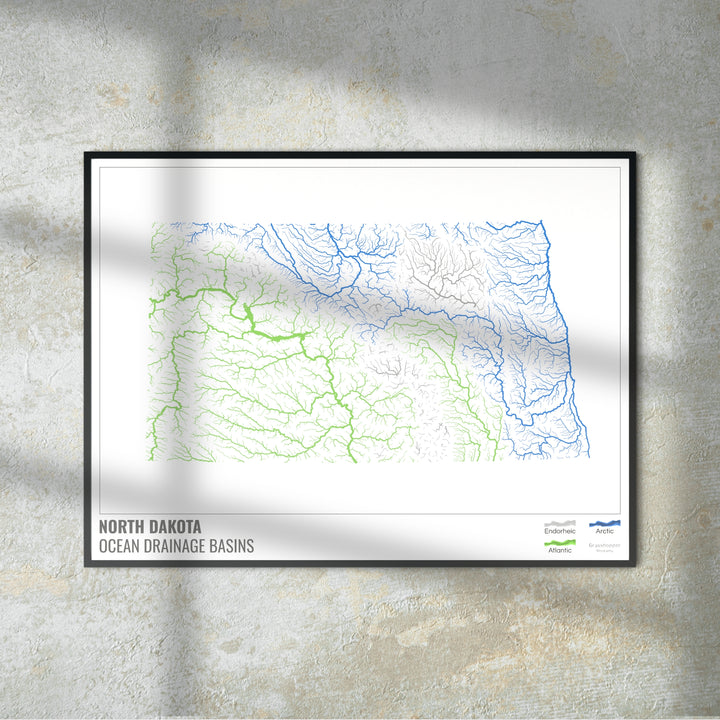 Dakota del Norte - Mapa de la cuenca de drenaje oceánico, blanco con leyenda v1 - Impresión fotográfica