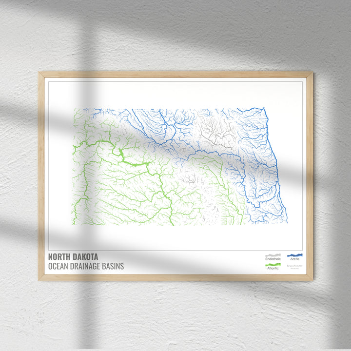 Dakota del Norte - Mapa de la cuenca de drenaje oceánico, blanco con leyenda v1 - Impresión de bellas artes