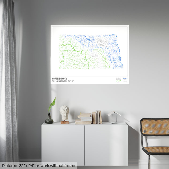 North Dakota - Ocean drainage basin map, white with legend v1 - Fine Art Print