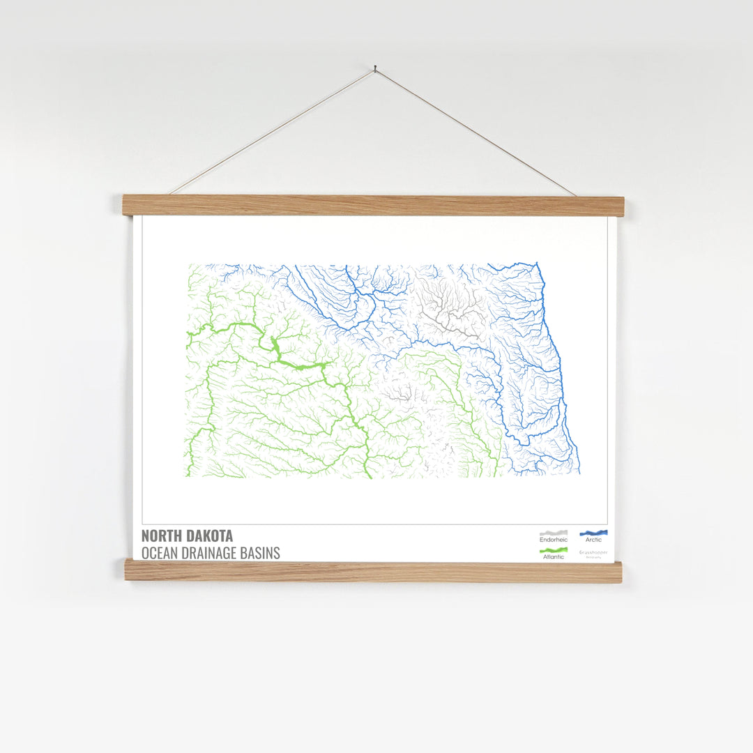 Dakota del Norte - Mapa de la cuenca de drenaje oceánico, blanco con leyenda v1 - Impresión artística con colgador