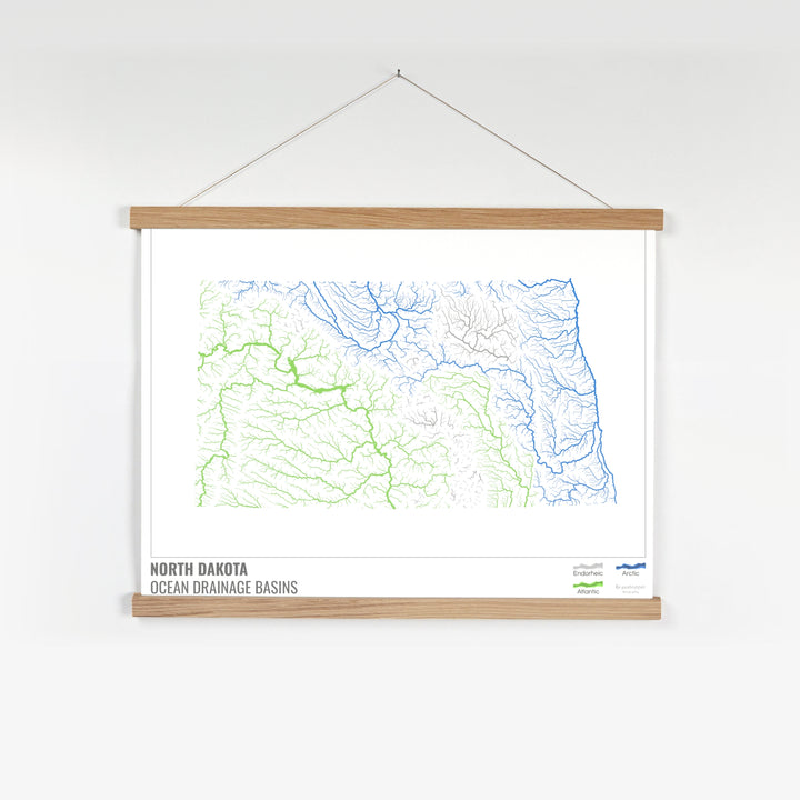 North Dakota - Ocean drainage basin map, white with legend v1 - Fine Art Print with Hanger