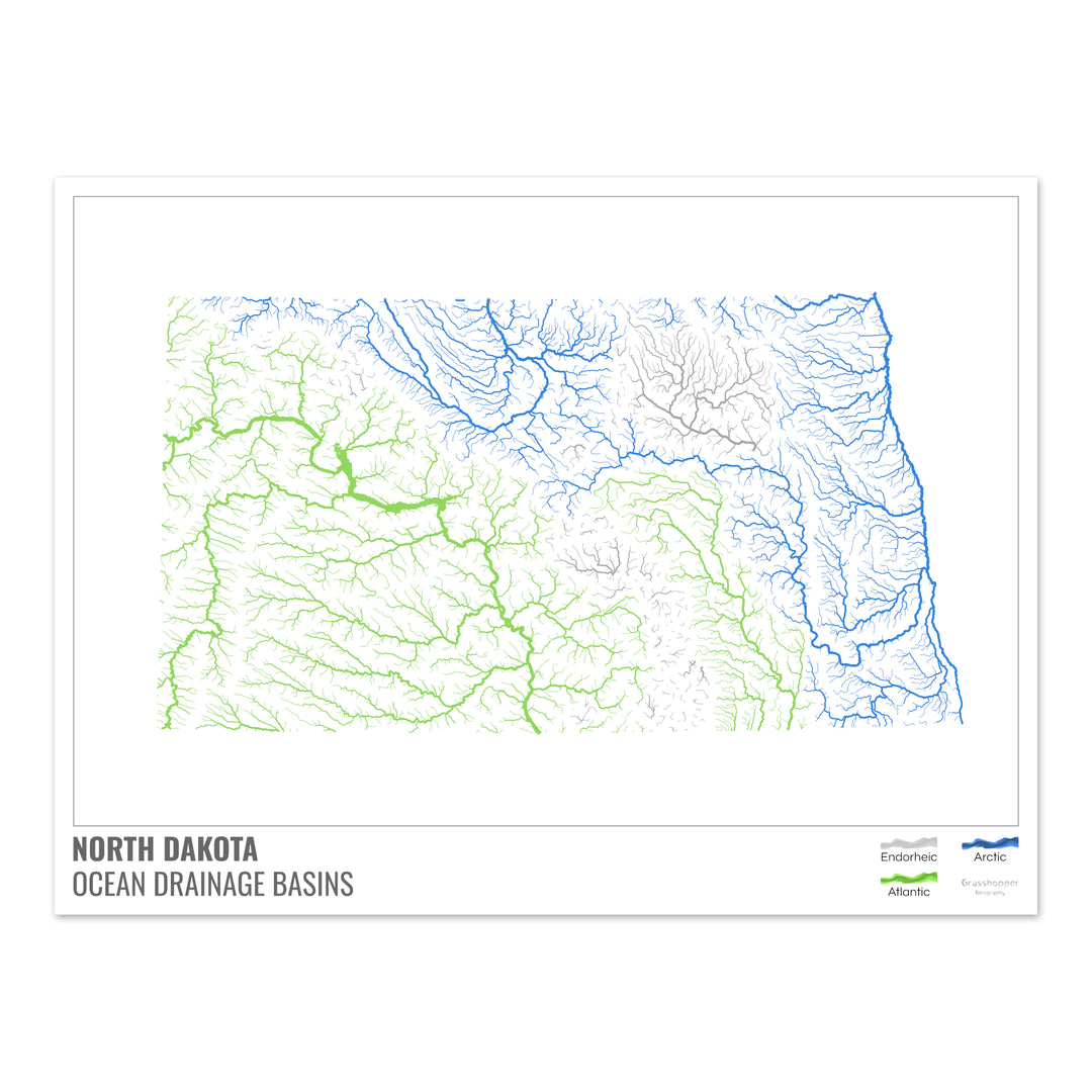 Dakota del Norte - Mapa de la cuenca de drenaje oceánico, blanco con leyenda v1 - Impresión de bellas artes