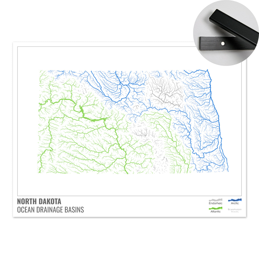North Dakota - Ocean drainage basin map, white with legend v1 - Fine Art Print with Hanger