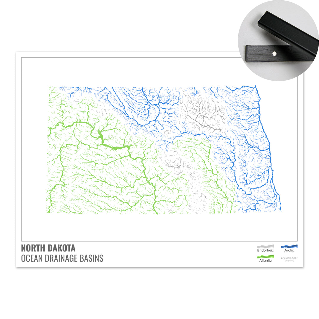 Dakota del Norte - Mapa de la cuenca de drenaje oceánico, blanco con leyenda v1 - Impresión artística con colgador