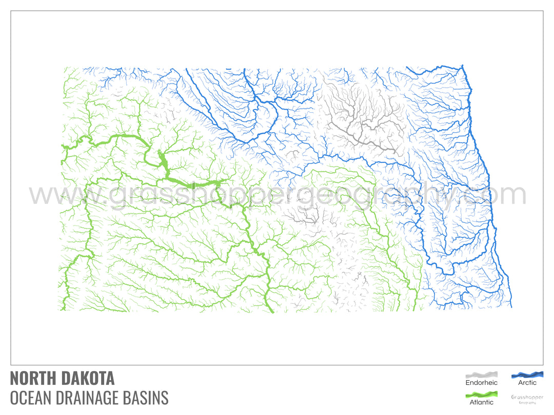 Dakota del Norte - Mapa de la cuenca de drenaje oceánico, blanco con leyenda v1 - Impresión de bellas artes