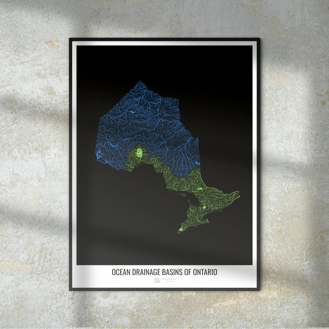 Ontario - Mapa de la cuenca hidrográfica del océano, negro v1 - Impresión fotográfica