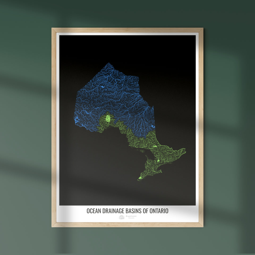 Ontario - Carte des bassins hydrographiques océaniques, noir v1 - Tirage d'art