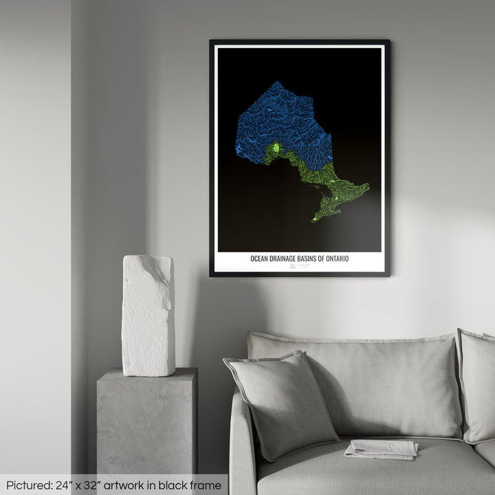 Ontário - Mapa da bacia de drenagem oceânica, preto v1 - Impressão emoldurada