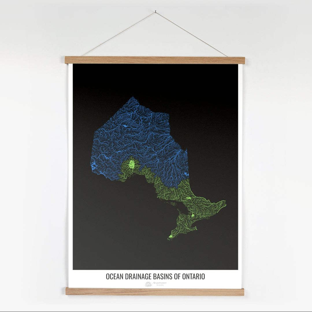 Ontario – Karte des Einzugsgebiets des Ozeans, schwarz v1 – Kunstdruck mit Aufhänger