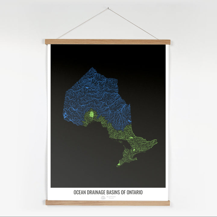Ontario – Karte des Einzugsgebiets des Ozeans, schwarz v1 – Kunstdruck mit Aufhänger