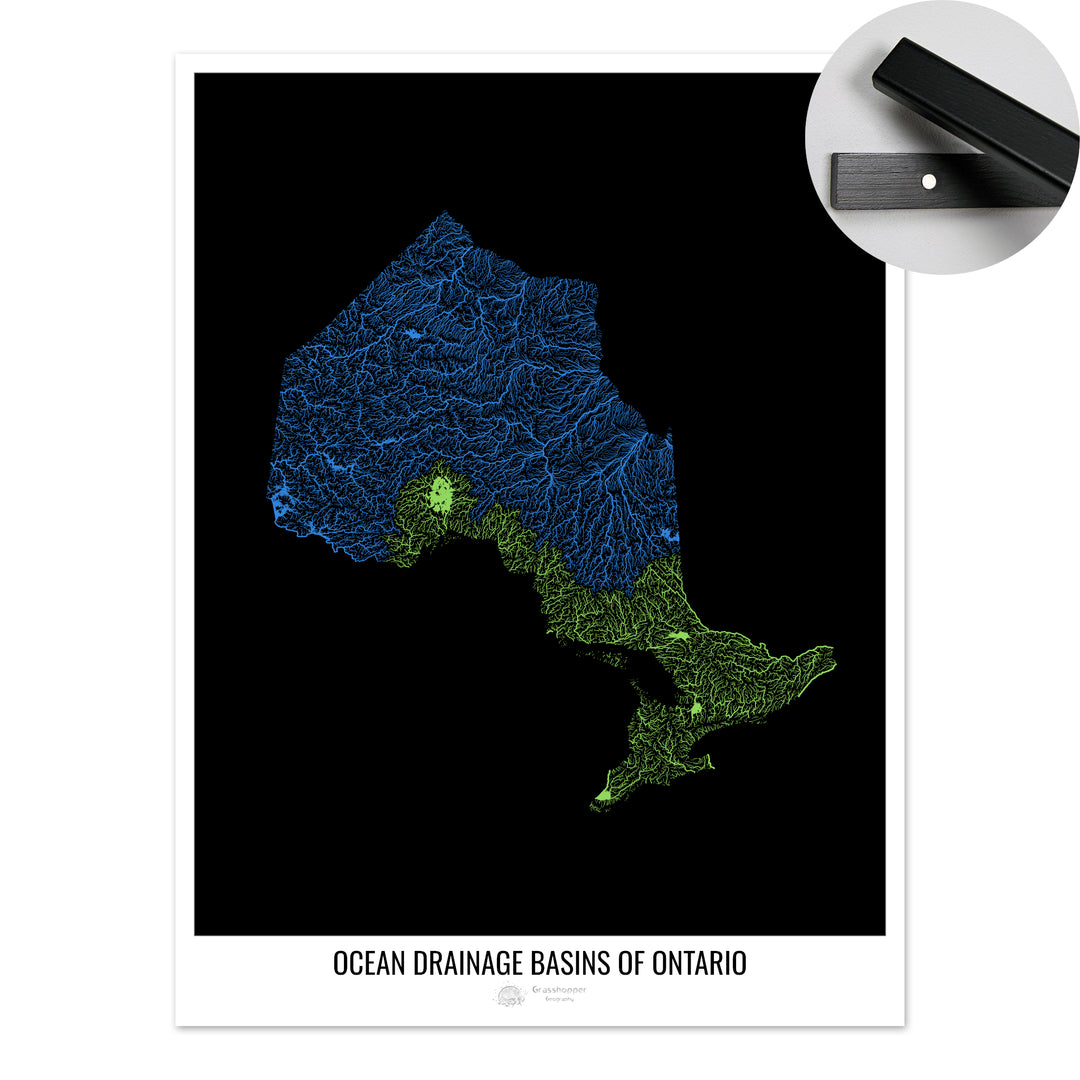 Ontario - Ocean drainage basin map, black v1 - Fine Art Print with Hanger