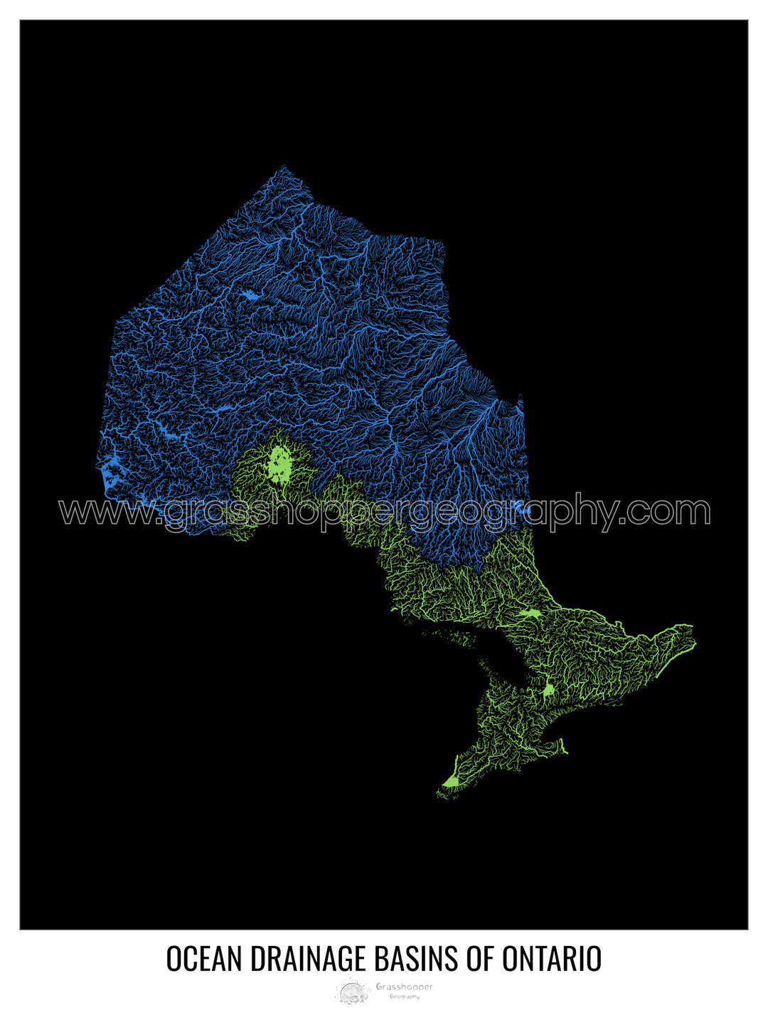 Ontario - Mapa de la cuenca hidrográfica del océano, negro v1 - Impresión fotográfica