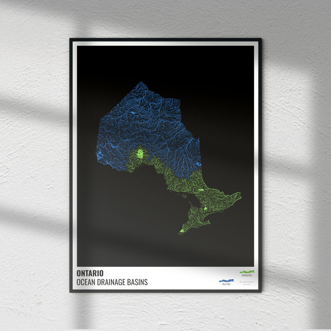 Ontario - Ocean drainage basin map, black with legend v1 - Fine Art Print