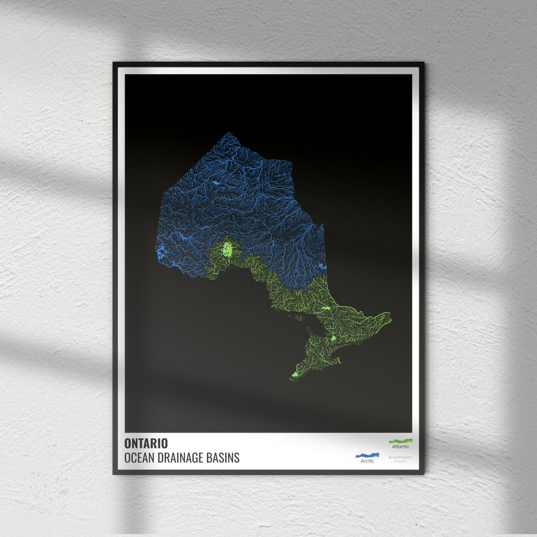 Ontario - Mapa de la cuenca de drenaje oceánico, negro con leyenda v1 - Impresión de bellas artes
