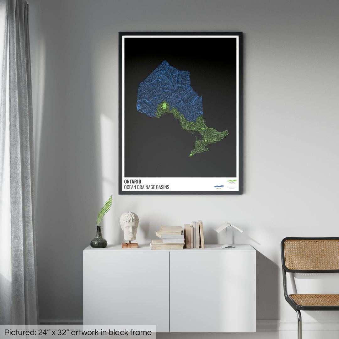 Ontario - Ocean drainage basin map, black with legend v1 - Framed Print