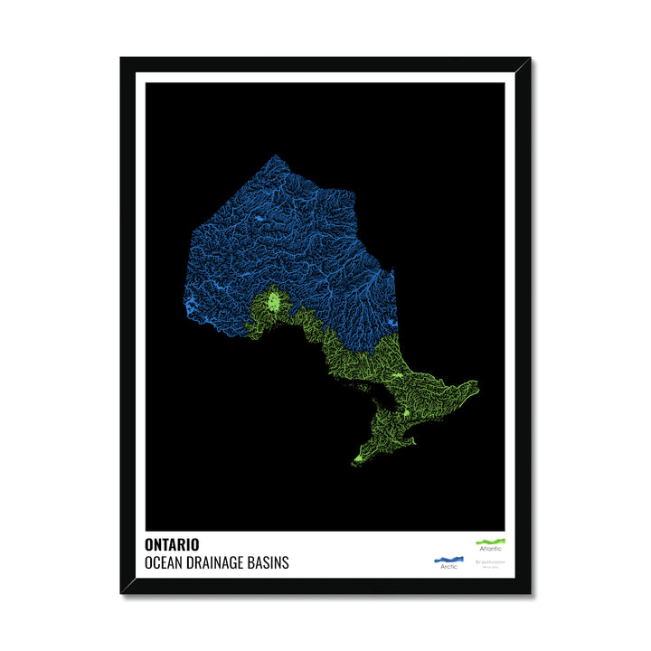 Ontario - Ocean drainage basin map, black with legend v1 - Framed Print