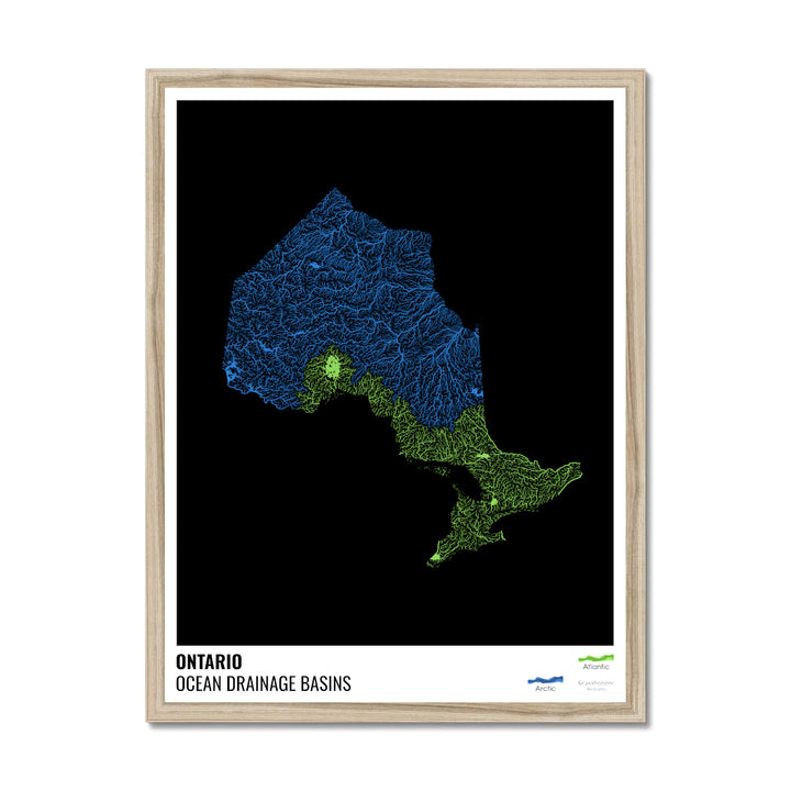 Ontario - Ocean drainage basin map, black with legend v1 - Framed Print