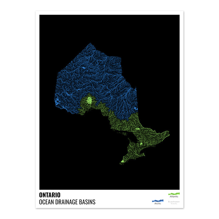 Ontario - Ocean drainage basin map, black with legend v1 - Fine Art Print