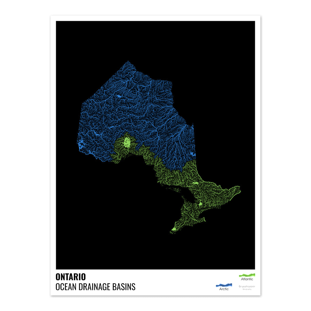 Ontario - Carte des bassins hydrographiques océaniques, noire avec légende v1 - Fine Art Print