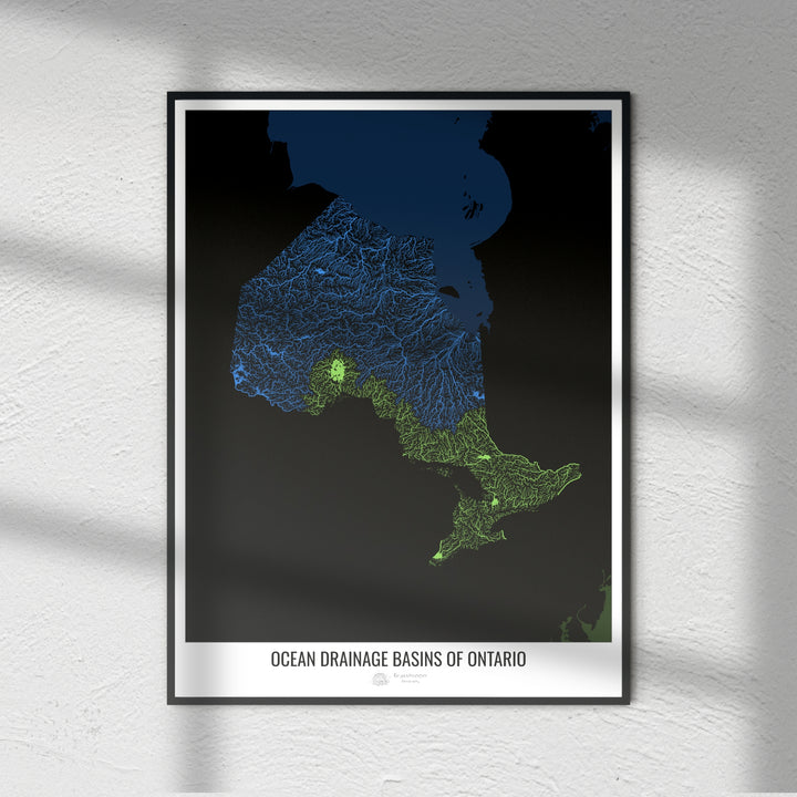 Ontario - Mapa de la cuenca de drenaje oceánico, negro v2 - Impresión de bellas artes